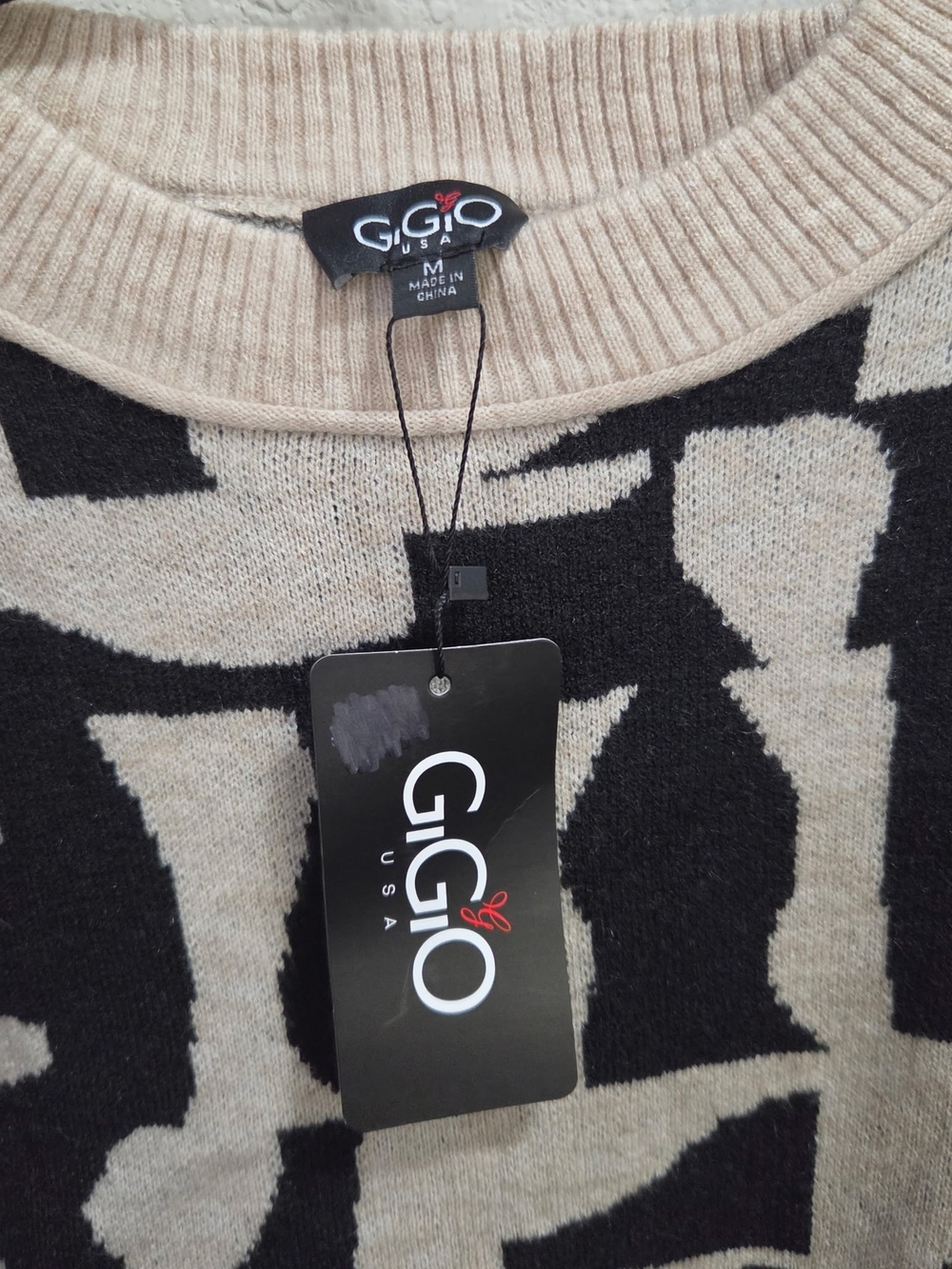 Women's Beige and Black Patterned Crewneck Sweater